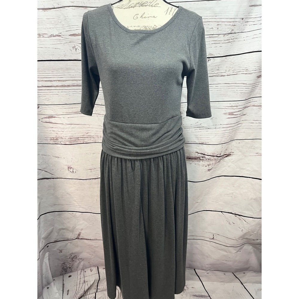 Dalia Gray Midi Dress Elbow Sleeve Ruched Waist Career Casual
